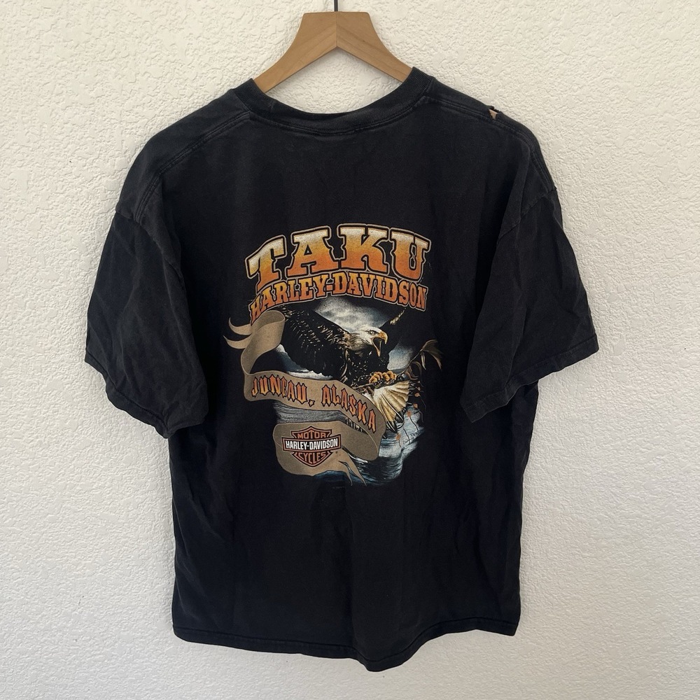 VTG Harley Davidson Juneau Alaska Black Eagle Motorcycles T-shirt Mens XL Y2K